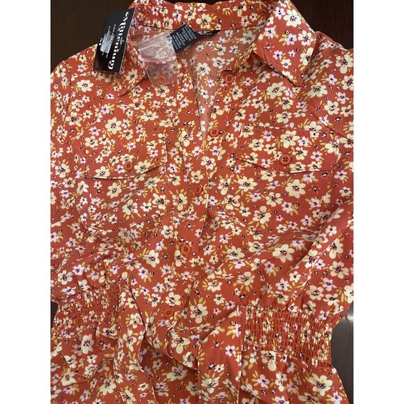 NWT Millenium Womens Mini Floral Midi Shirt Dress M Brown Retro 70s Work Casual - Picture 9 of 16